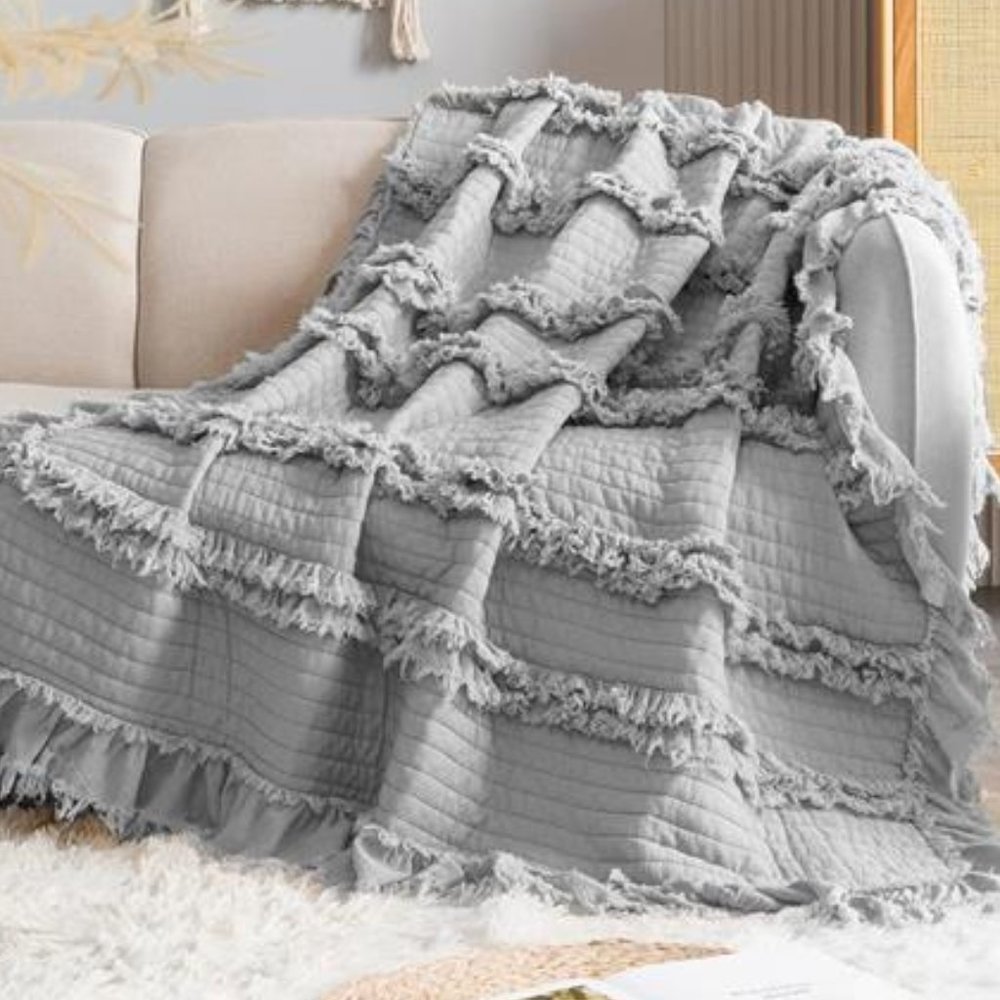 Farmhouse Throw Blanket Boho Cottage Decor Soft Decorative Grey Quilted Cover